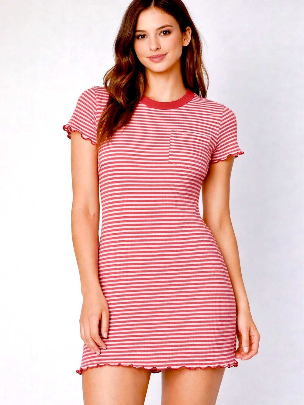 SO Striped Ribbed Tee Dress Size XS Stretchy Knit Coral Red & White Lettuce Edge